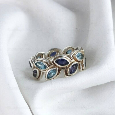 Natural Iolite & Swiss Blue Topaz Ring 925 Sterling Silver Eternity Ring