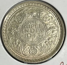 1943 Large 3 India Silver 1 Rupee UNC #J450