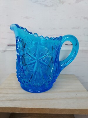 Vtg Beautiful Blue Cut Glass Creamer Star Pattern Scalloped Edge Bud Vase  AS IS