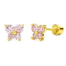 14K Gold Butterfly Stud Earrings with CZ Stones and Screw Back, 7.5mm x 7mm, ...
