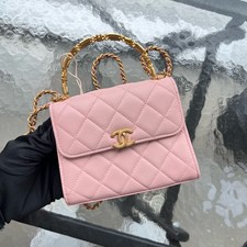 AUTH Chanel 22B Kelly Pink Quilted Lambskin Enamel Handle Crossbody Bag