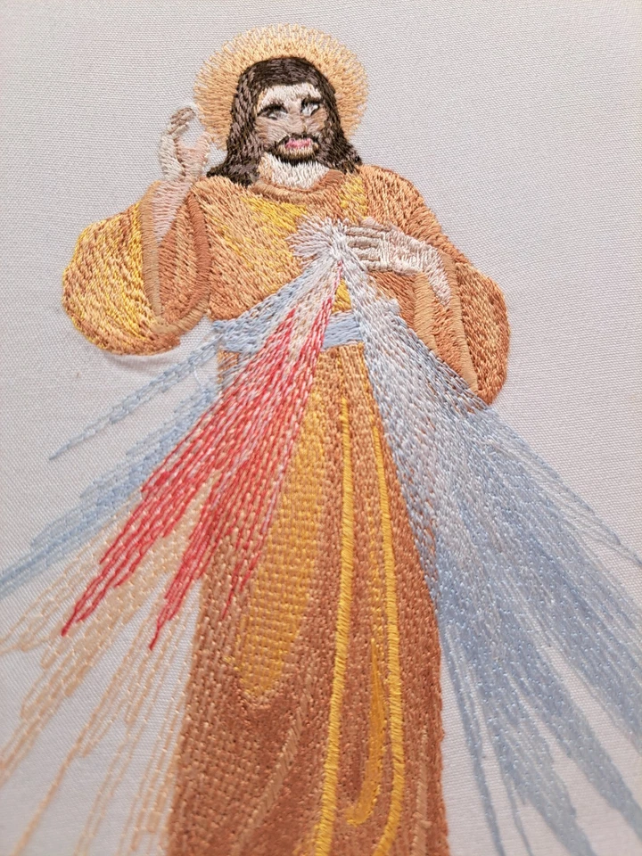 Arte cosido a punta de aguja bordado a mano de Jesús Misericordioso de colección 8"x10" sin marco Foto 4 de 4