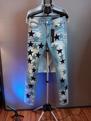 Rockstar Original Star Patch Stacked Denim Jeans Light Blue Distressed NWT 32