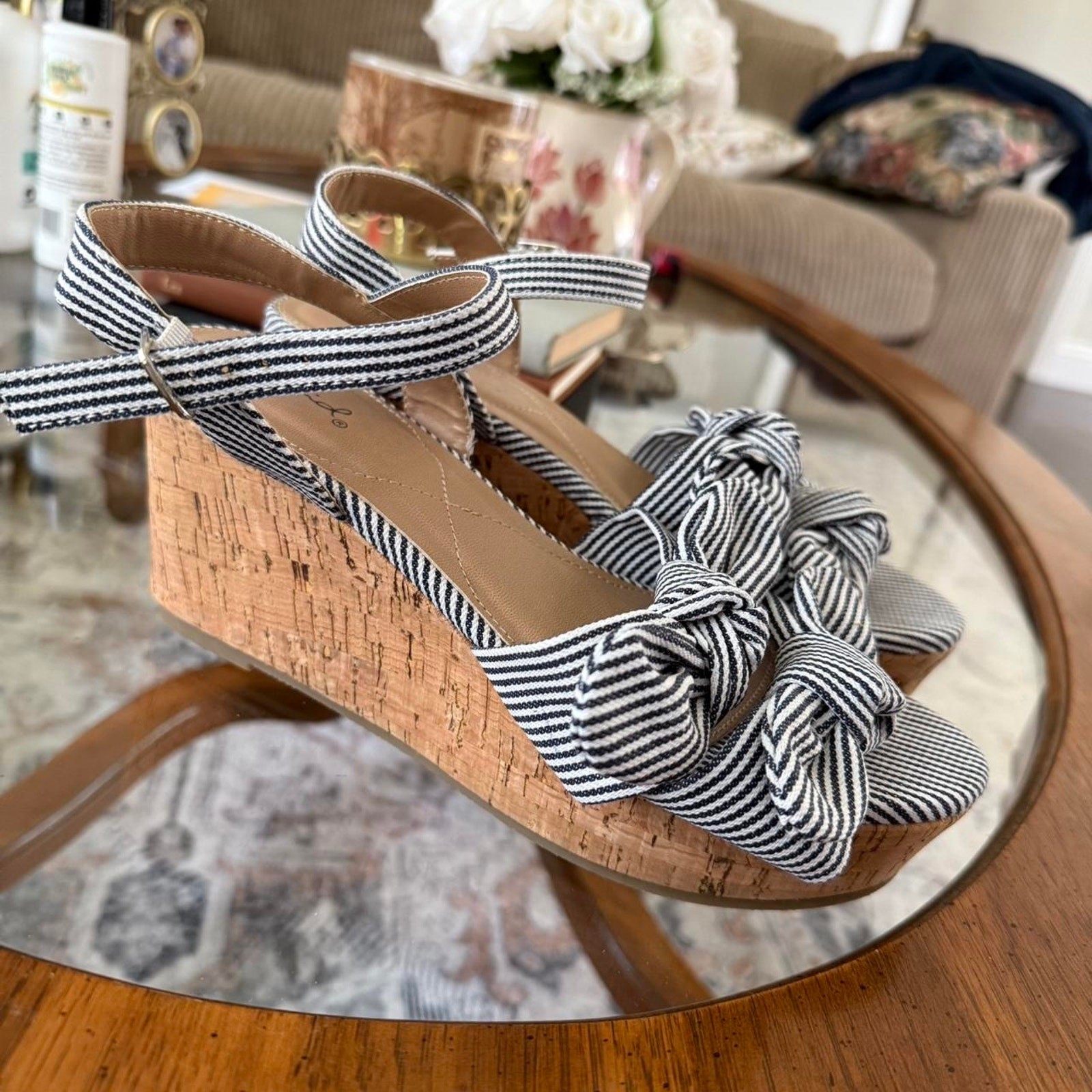 Blue and white striped wedge sandals for summer-image