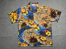 Vintage Aloha Shirt Mens Medium Blue Brown Hawaiian Floral Beach Polyester