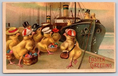 EASTER GREETING Chicks Anthropomorphic Animals Ship Postcard