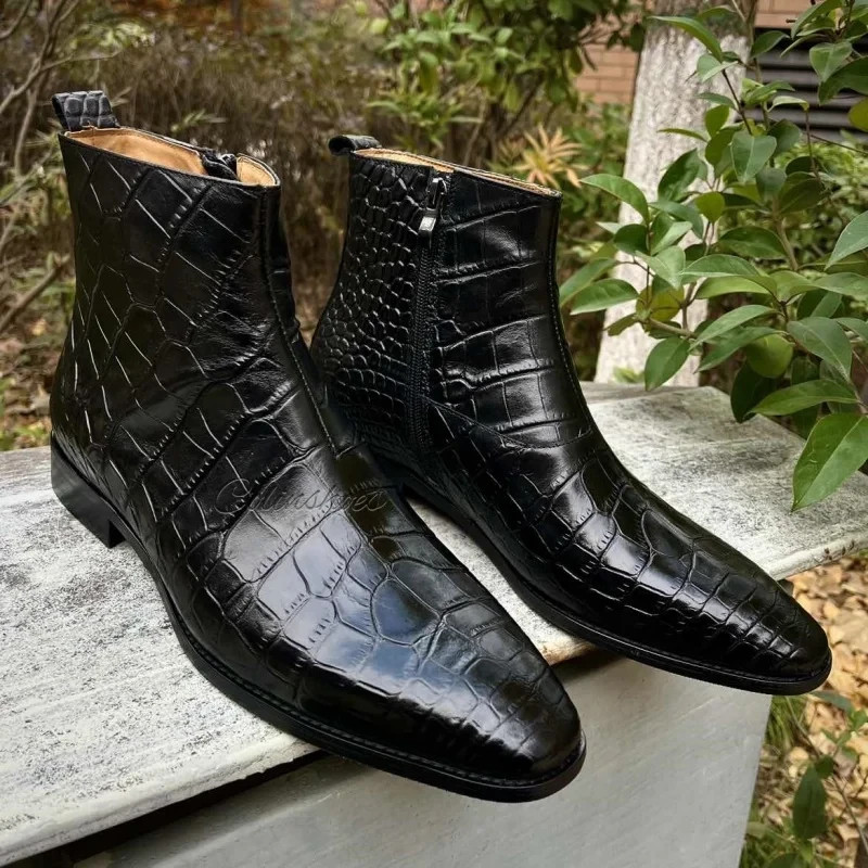 Handmade Mens Black alligators zip up boots, Men crocodile leather dress  boot
