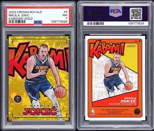 2023-24 Panini Crown Royale KABOOM! Gold #9 Nikola Jokic SSP 1/10 PSA 7 NM