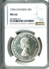 1954 Canada Silver Dollar, NGC MS 62, KM-54, Mainly Brilliant White