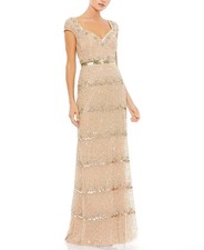 Mac Duggal Nude Beige Gold Cap Sleeve Embellished Column Gown Size 10 $698