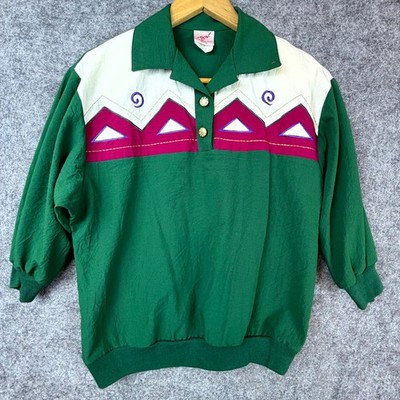 Vintage GW Division of Graff Top Womens Green White Geometric Retro 70s Grandpa
