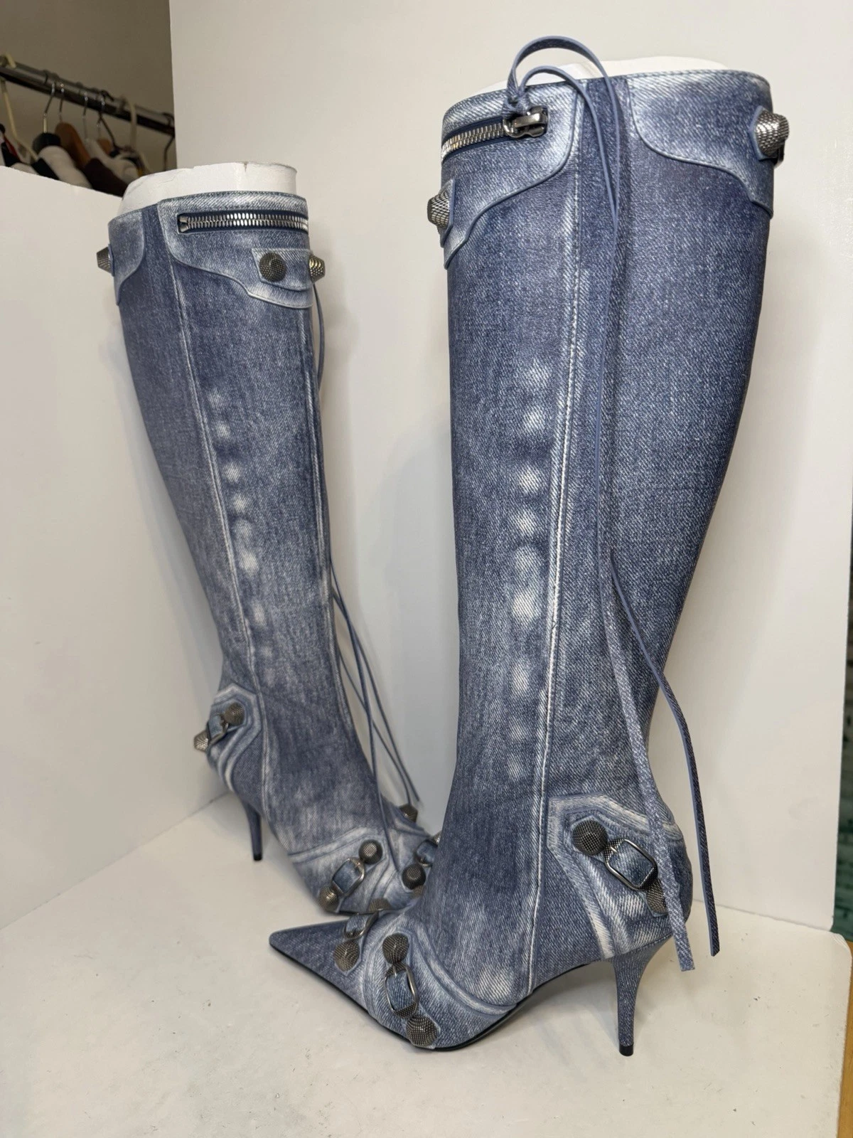 Balenciaga — Balenciaga Cagole Denim Printed Nappa Knee Boots Blue EU36 US6 Heels