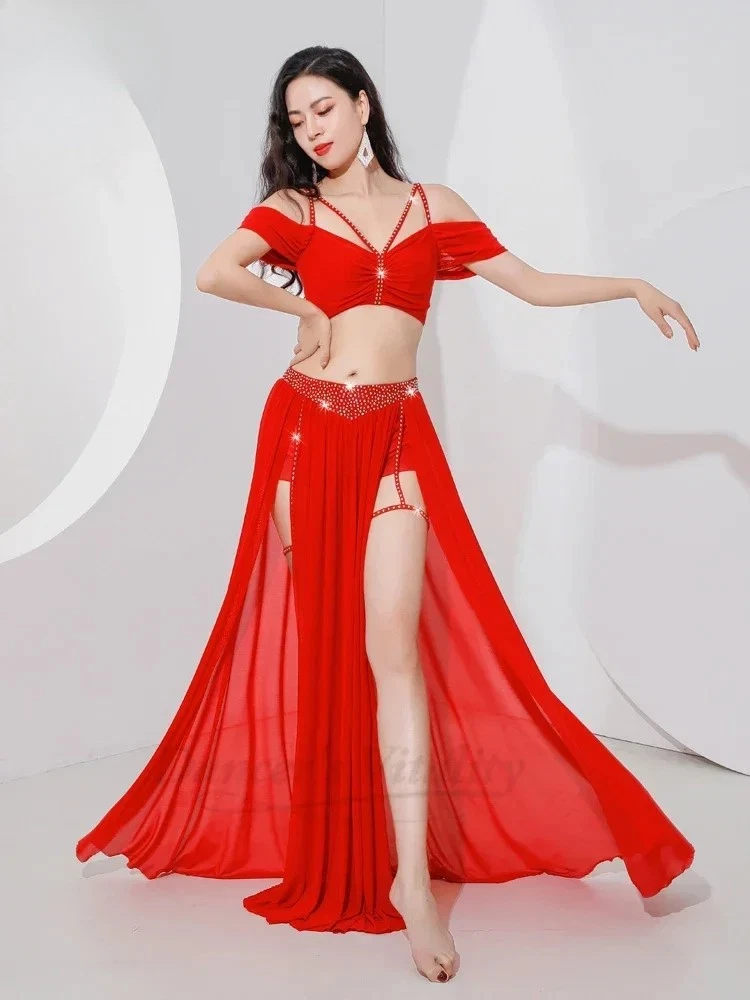 MESHKI Tuta professionale danza del ventre da donna maglia maniche corte spacco gonna lunga 2 pezzi