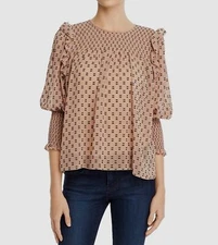 NEW $594 Joie Women Brown Smocked Blouson Sleeve Ruffle Casual Blouse Top Size M