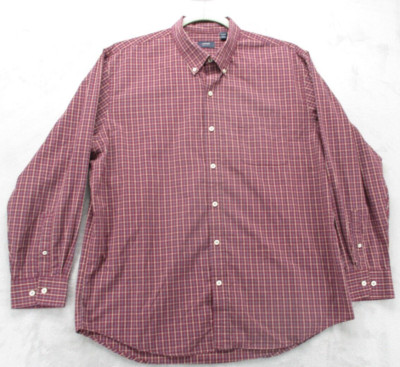 Arrow Button Up Shirt Men's XL Red with Blue Beige Geometric Plaid Cotton Blend