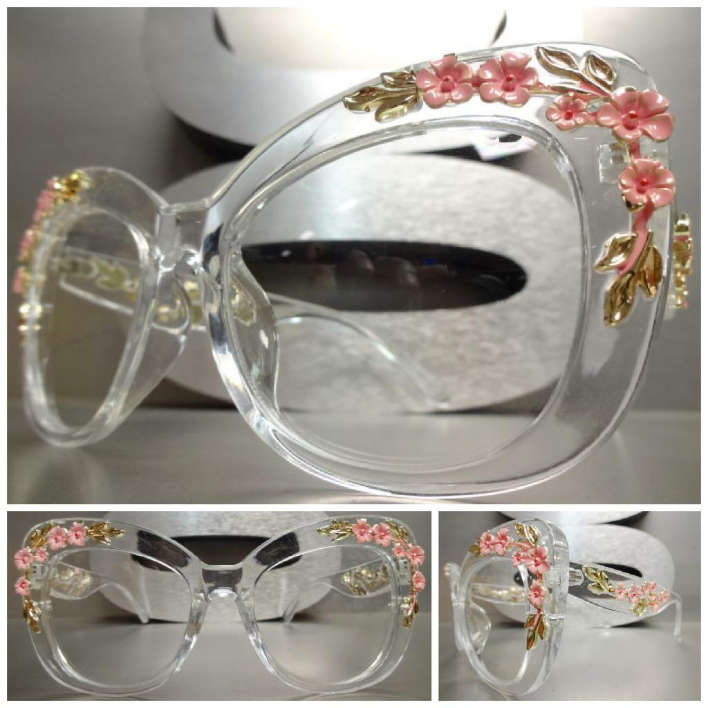 OVERSIZED RETRO CAT EYE Clear Lens EYE GLASSES Transparent Frame Floral  Design