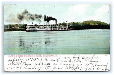 Postcard Island Queen Excursion Boat Cincinnati Ohio 1907 Smoke Steamer Paddle
