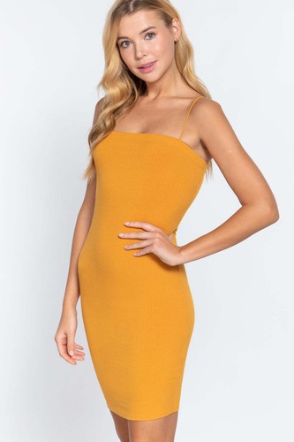 Women Straight Neck Cami Elastic String Rib Mini Dress Sleeveless Soft Tank Top - Picture 13 of 27