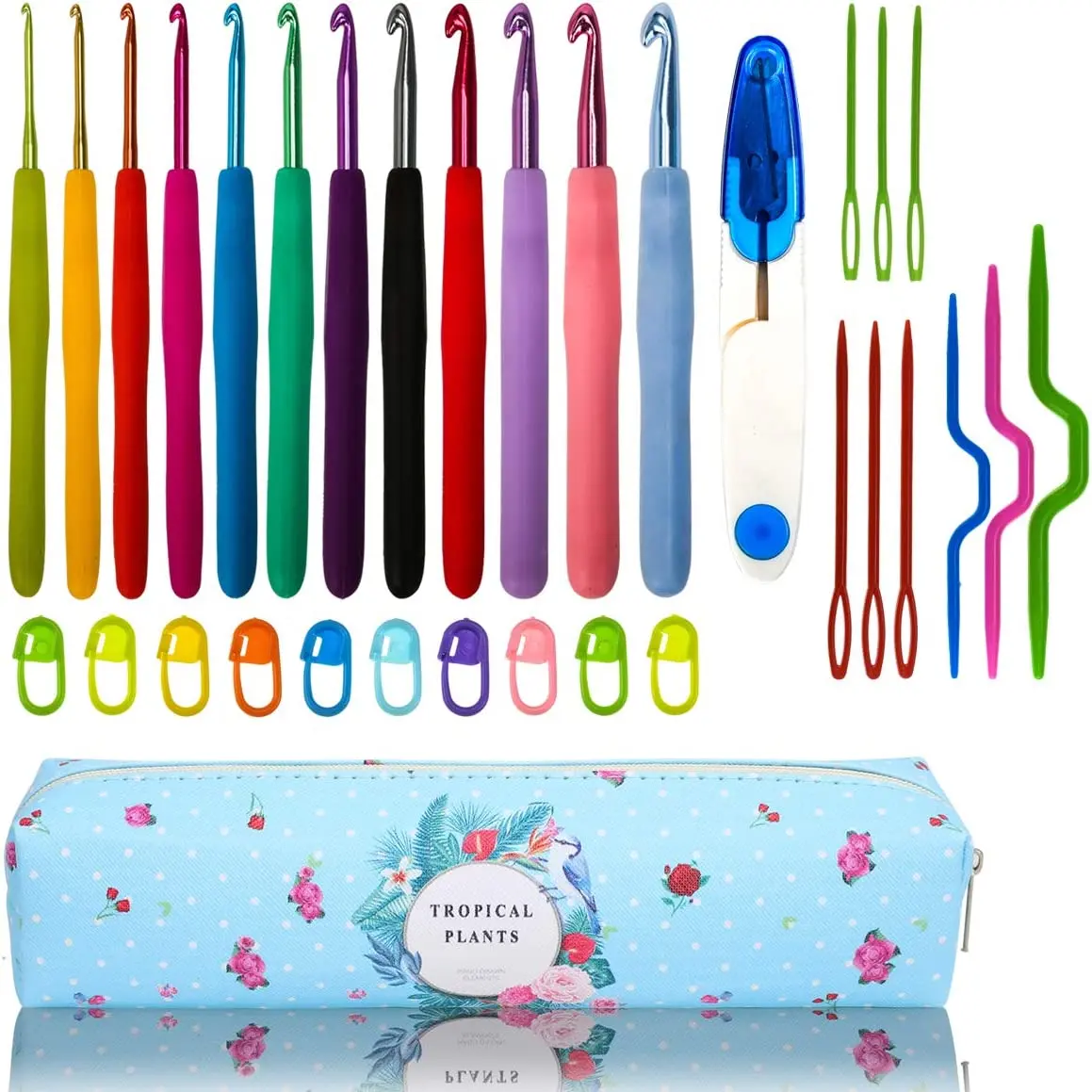 Extra Long Ergonomic Crochet Hook Set with Case Rubber Soft-Touch