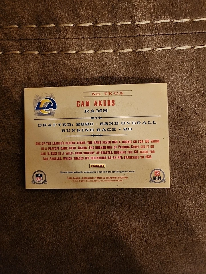 2020 Panini Chronicles Timeless Treasures Jersey Prime #24/25 Cam Akers  RC Rams - Image 2 of 2