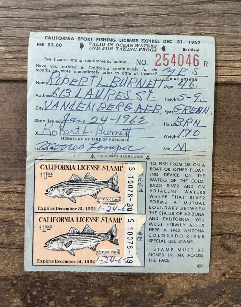 1962 **CALIFORNIA** Fishing Stamp Permit License