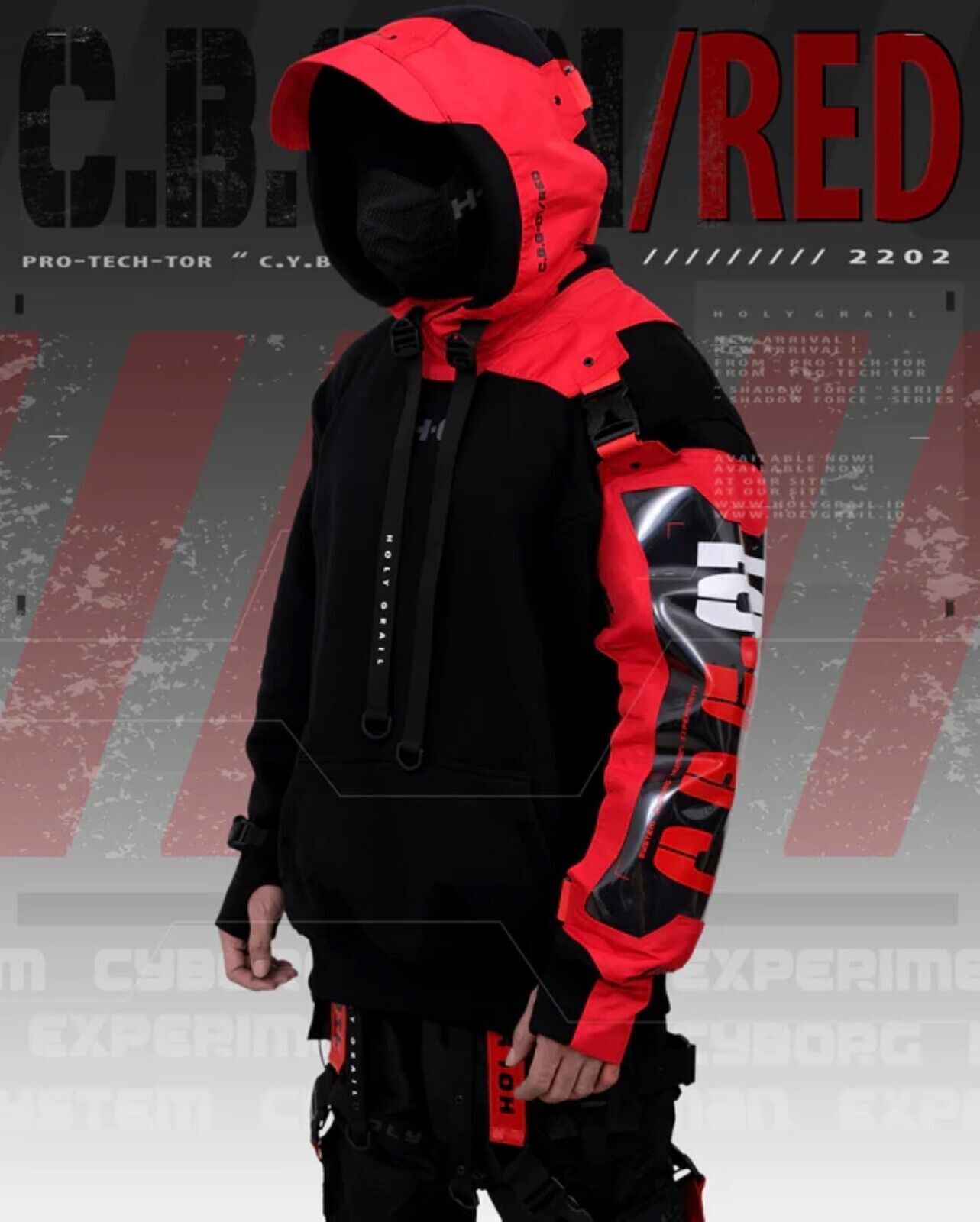 Chaqueta roja Techwear para hombre Sudadera con capucha de forro polar...