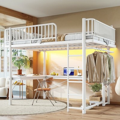 Queen Size Metal Loft Bed Frame w/ L-Shaped Desk,LED Light & Hanging Area White