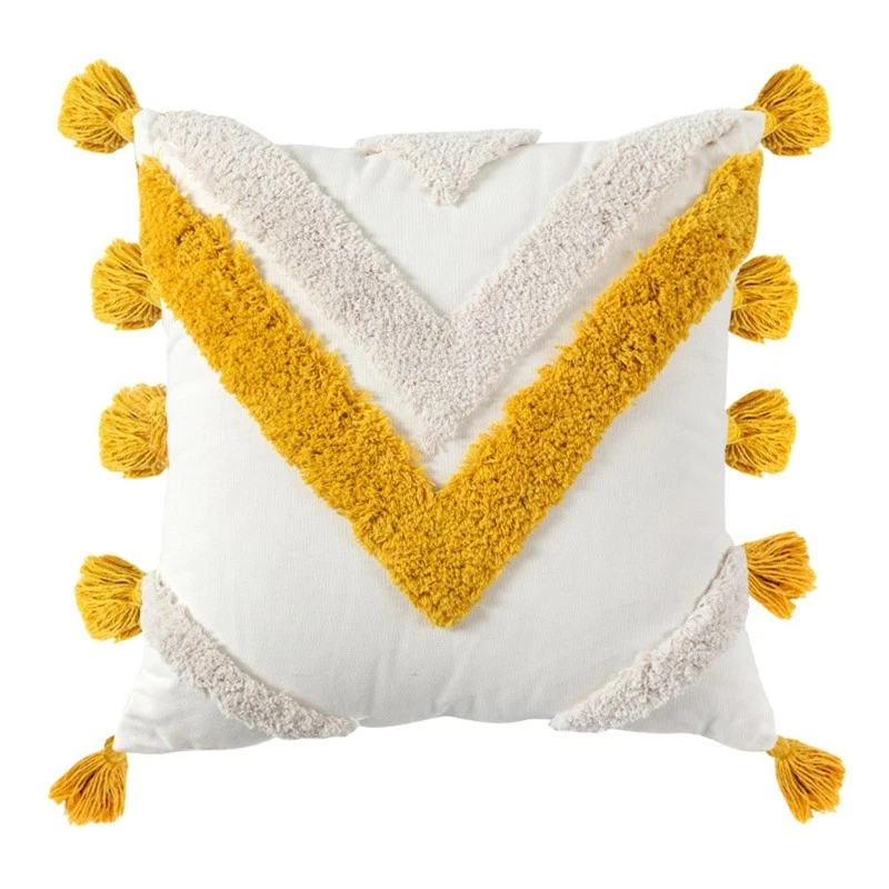 Morocco Tassel Square Throw Pillow for Case for Triangle Stripes Tufted Cushion