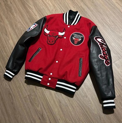 Embroided Red Black Chicago Bull Varisty Jacket With Snap Button