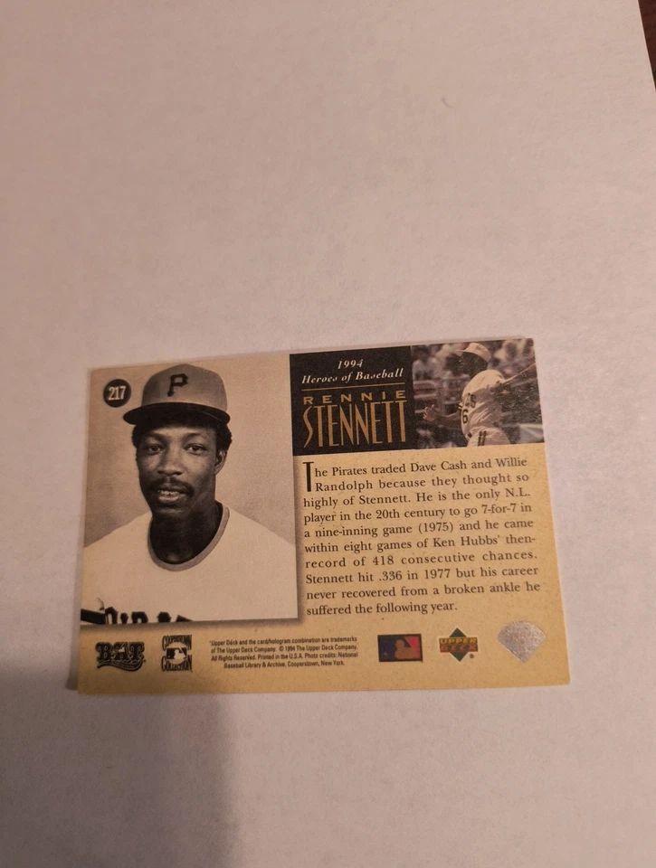 RENNIE STENNETT 1994 UPPER DECK ALL TIME HEROES HEROES OF BASEBALL #217 - Image 2 of 2