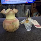 Vintage Fenton Burmese Fruits And Flowers Vase Exclusive 2005 772 W Glass Basket