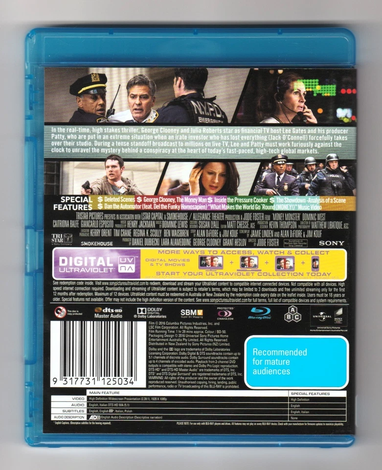 Money Monster Blu-ray George Clooney, Julia Roberts - Very Good - image 2 of 2