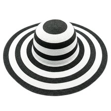 Women's Beachwear Sun Hat Black and White Striped Straw Hat Floppy Beach Hat