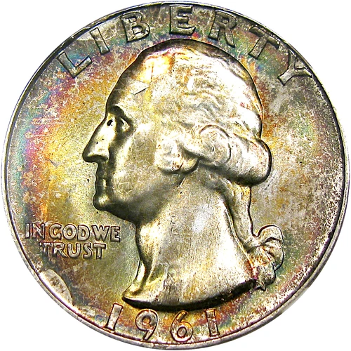 1961 25C NGC MS65 SILVER WASHINGTON ~ GORGEOUS PASTEL RAINBOWS!   VIDEO