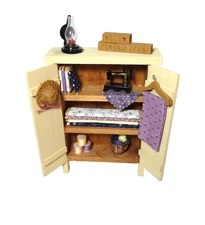 NEW vtg wooden handmade craft cupboard miniatures spools sewing machine fabric
