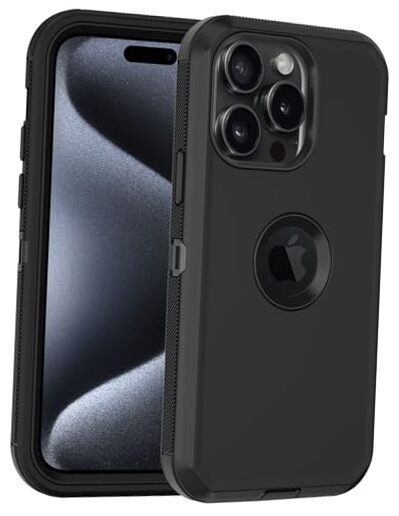 for iPhone 15 Pro Case, with Built in Screen Protector Heavy Duty Drop Black