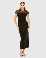 NEW $398 Mac Duggal SUZE 14 49799 Sheer Lace Top Crepe Midi Dress Black