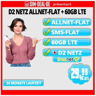   Handytarif D2 Vodafone ALLNET-FLAT + SMS FLAT 60 GB LTE 29,99 mtl SIM ONLY  