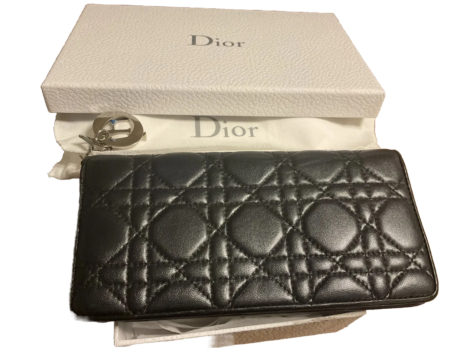 Portefeuille long authentique Christian Dior Cannage avec boîte et tissu poussière