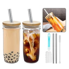 2er 720ml Glasbecher Mit Deckel Und Strohhalm Trinkgläser Eiskaffeebecher Tassen