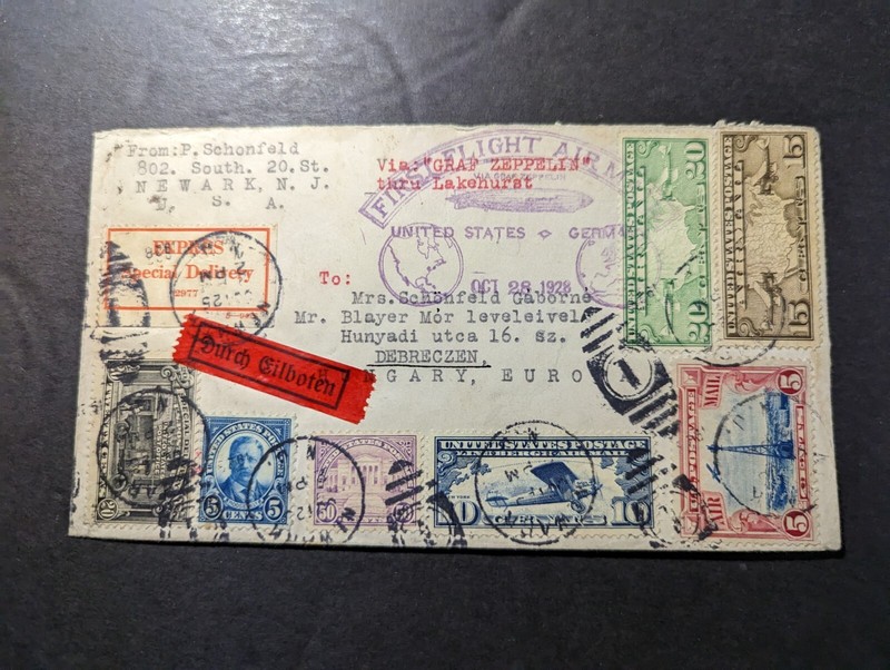 1928 Express USA LZ 127 Graf Zeppelin Cover Newark NJ to Debreczen Hungary
