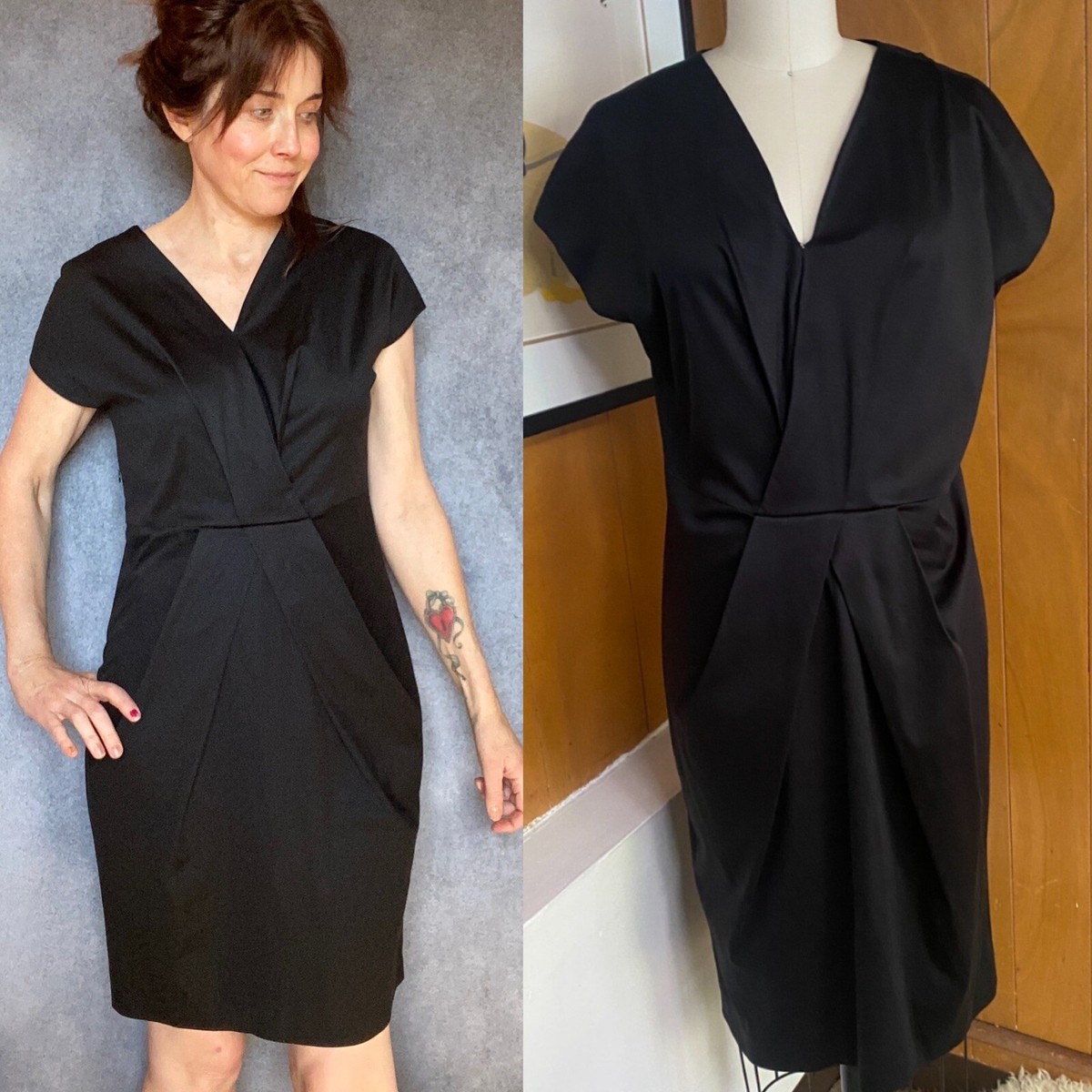 【関税&送料込み】Jil Sander Dress JIL SANDER Dress Sz 38 black Sateen cotton v neck pleated