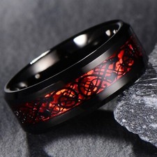 Mens Black Tungsten Ring With Red Celtic Dragon Inlay Wedding Band - UK SELLER