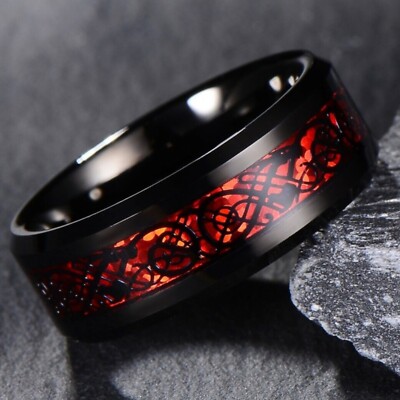 Mens Black Tungsten Ring With Red Celtic Dragon Inlay Wedding Band UK  SELLER