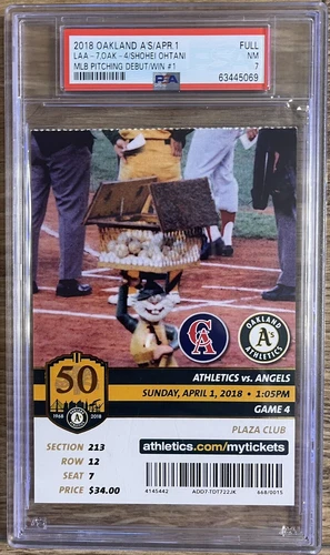 SHOHEI OHTANI MLB PITCHING DEBUT WIN#1 K#1 FULL TICKET 4/1/2018 ANGELS/A’s PSA 7