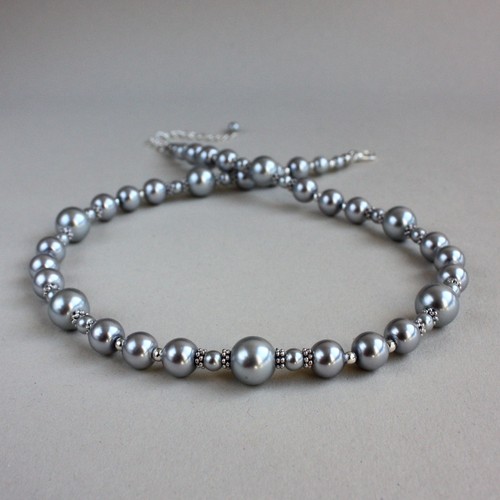 Vintage light grey pearl necklace bracelet earrings wedding bridal jewellery set - Picture 5 of 6