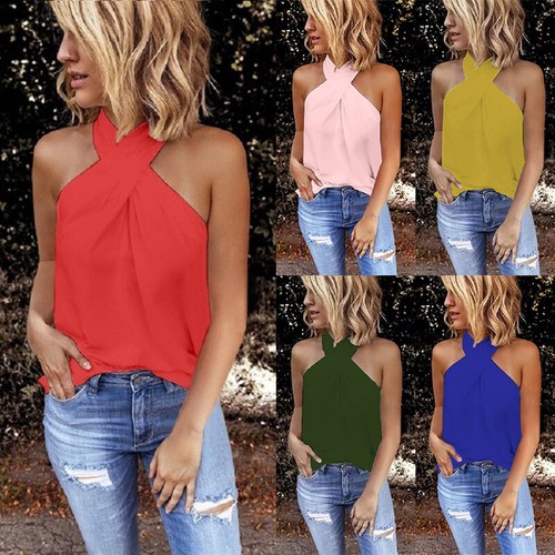 🔥 Womens Halter Neck Tank Tops Vest Ladies Sleeveless Casual Summer T-Shirt T &