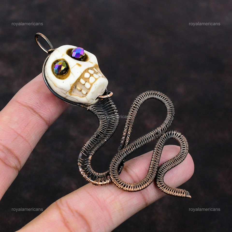 Coroa de cobre chakra pedra oval howlite contas de titânio crânio osso pingente joia - Imagem 3 de 4