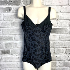 Vtg Vanity Fair Black Satin Floral Bodysuit 36 B Shaper Teddy Lingerie Underwire