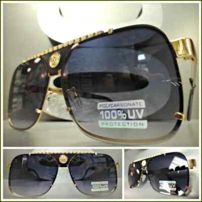 Men Classy Vintage Retro Hip Hop Style SUN GLASSES Large Square Gold Metal Frame